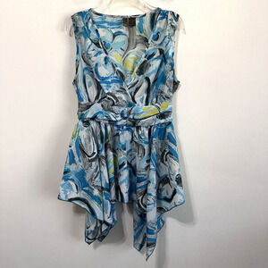 Sere Nade Top L Sleeveless Smocked Waist‎ Hanky Hem Summer Party Cocktail Blouse